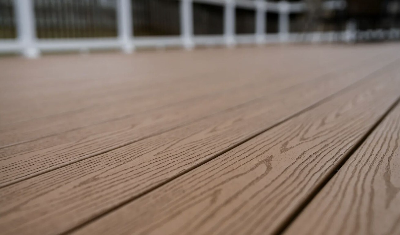 Close-up of high-quality composite decking boards showing realistic wood grain texture